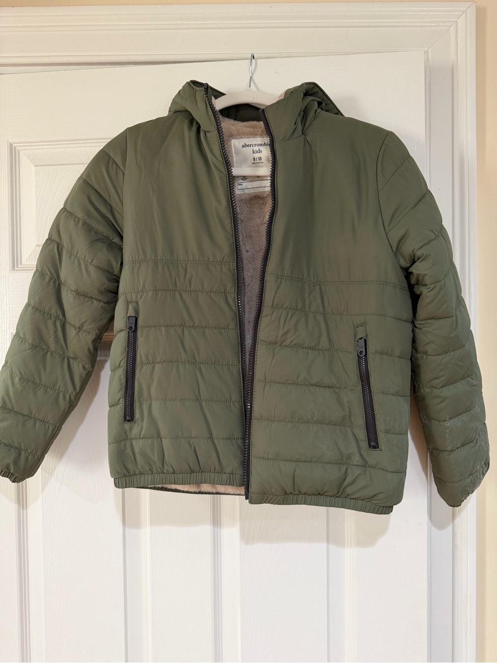 abercrombie kids olive green hooded puffer jacket